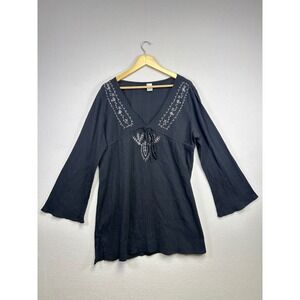 St Johns Bay‎ Black Embroidered Bell Sleeve V Neck Swim Suit Cover Up XL
